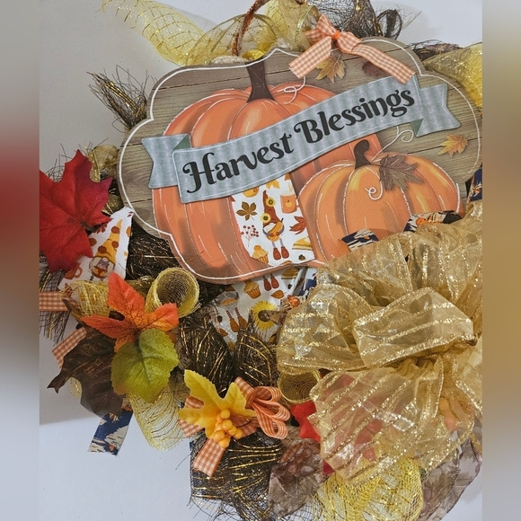 Hand Crafted handmade holiday wreath Harvest Blessings Gnome fabric plaid ribbon - Picture 5 of 17